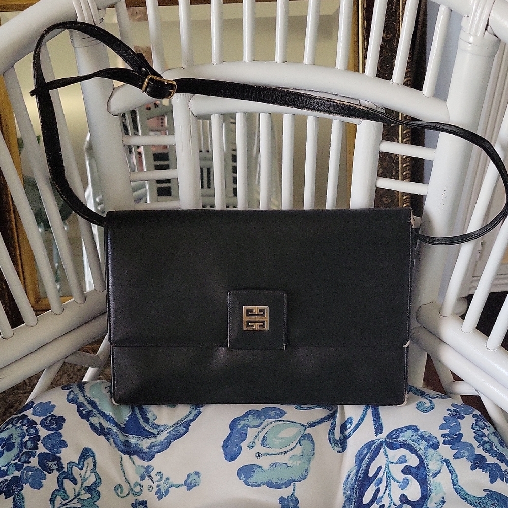 Givenchy Smooth Black Leather Shoulder Crossbody with Gold Logo